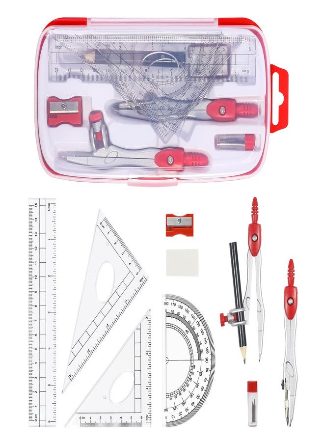 Unjoo Math Geometry Kit Sets 10 Piece Student Supplies with Shatterproof Storage Box,Includes Rulers,Protractor,Compass,Eraser,Pencil Sharpener,Lead Refills,Pencil,for Drafting and Drawings（Red） - Image 2